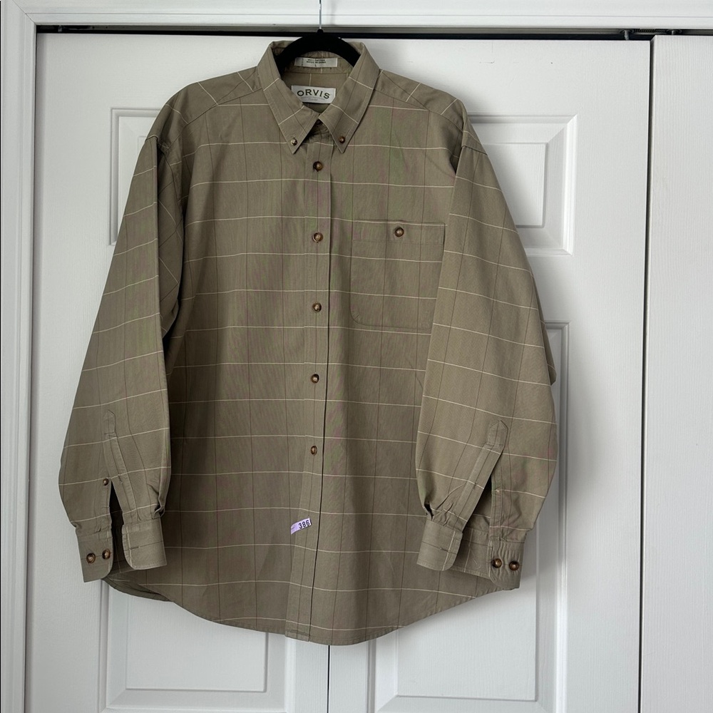 Orvis Windowpane Button Down Shirt Men’s Large Olive Green Plaid Casual